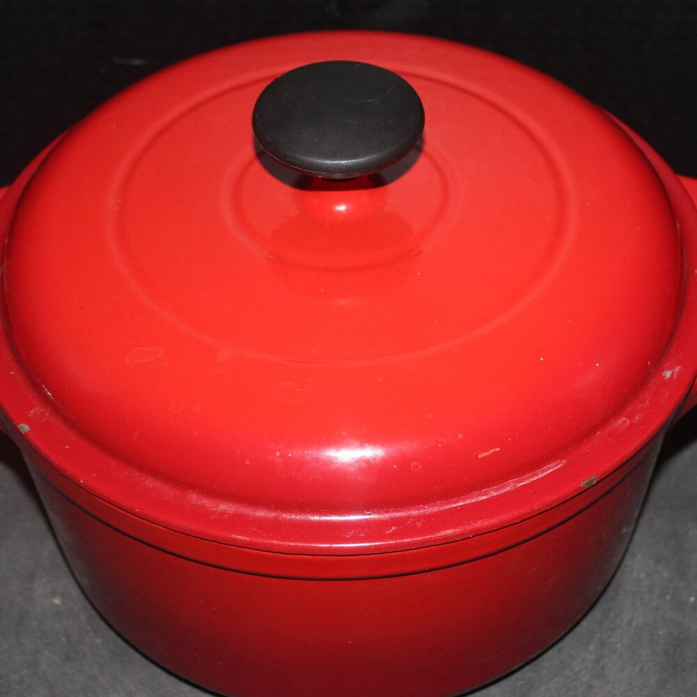 Vintage Red Enamel Cast Iron Dutch Oven